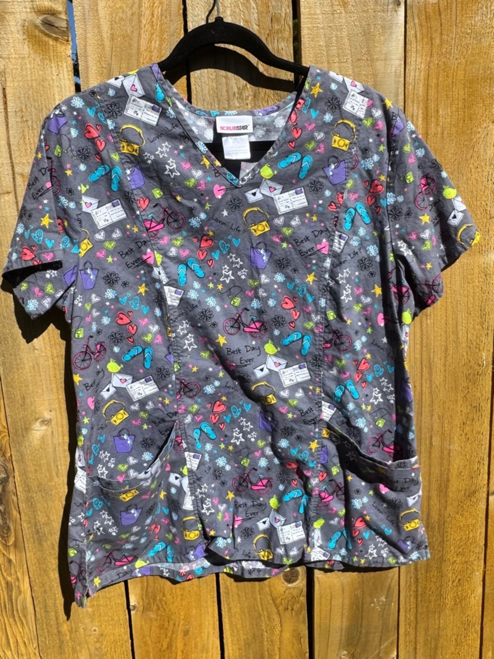 Scrubstar Gray V-Neck Scrub Top with Bright Multicolor Icons